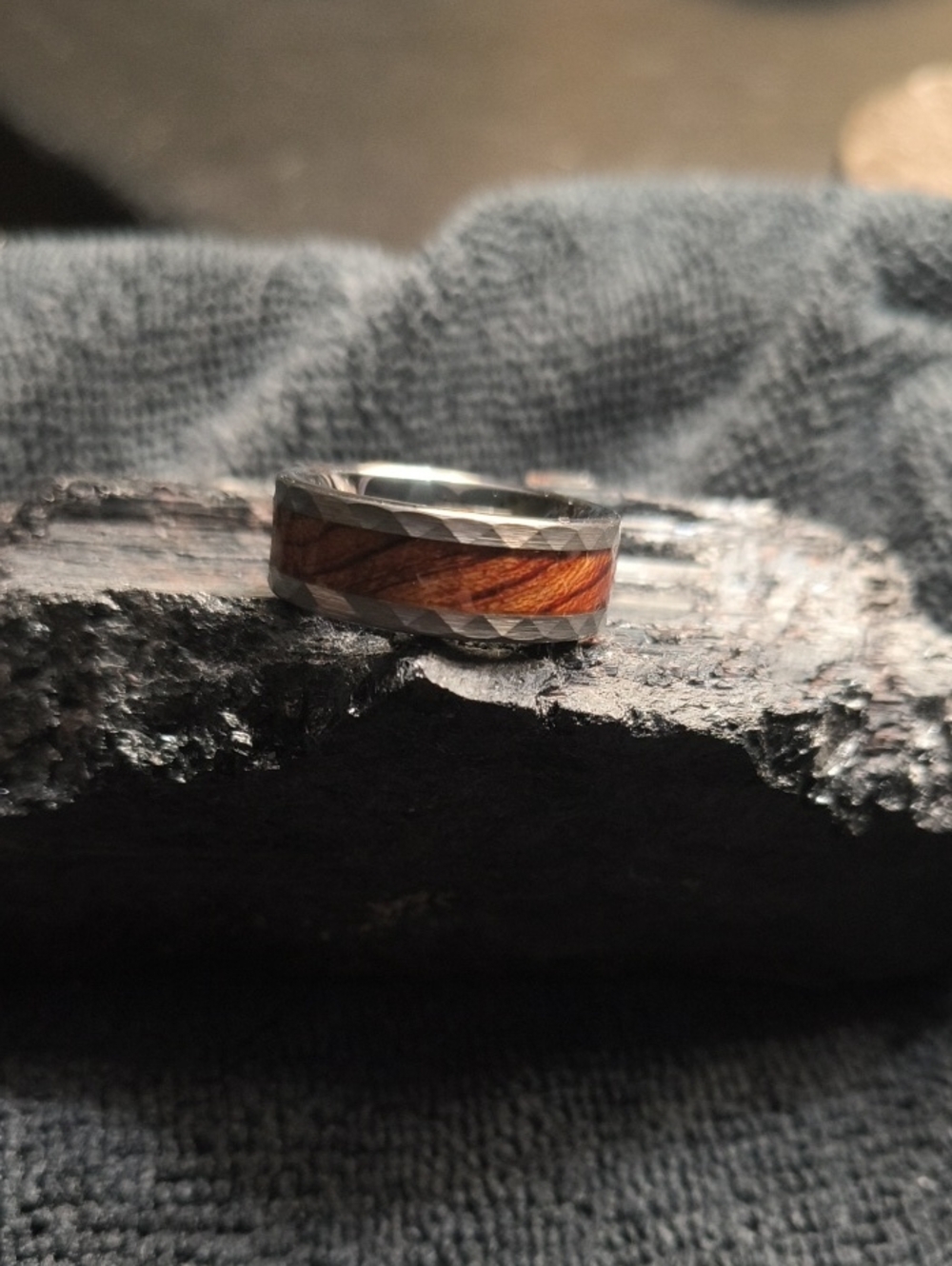 Men's Silver Tungsten Ring with Wood Inlay - Brown